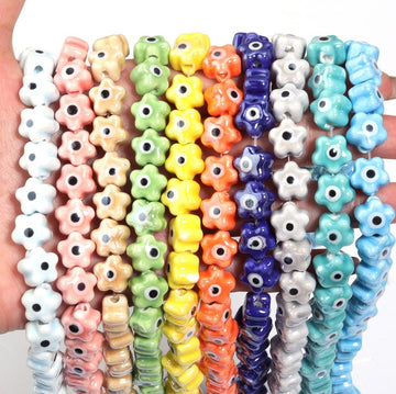 10mm Evil Eye Flower Beads, Large Hole Ceramic Spacer Beads