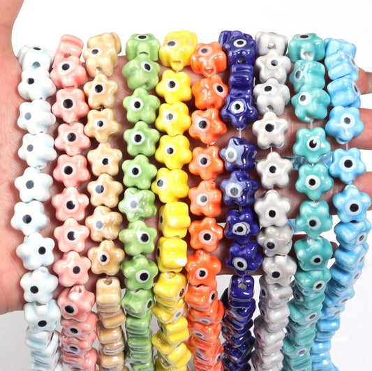 10mm Evil Eye Flower Beads, Large Hole Ceramic Spacer Beads