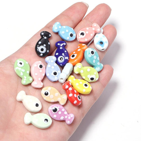 11x19mm Ceramic Fish Beads with Polka Dots, Porcelain Ocean Animal Beads
