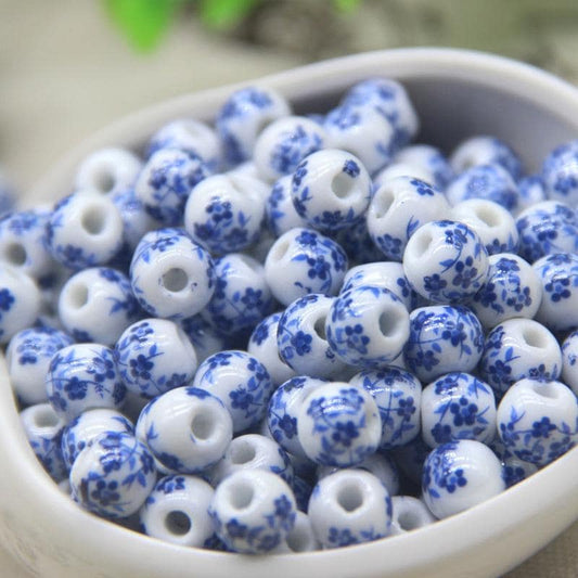 8mm Chinoiserie Porcelain Beads, Vintage Floral Ceramic Beads