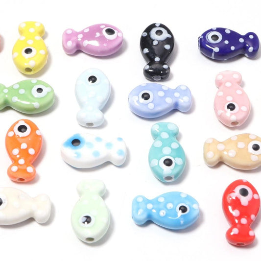 11x19mm Ceramic Fish Beads with Polka Dots, Porcelain Ocean Animal Beads