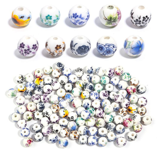 10mm Ceramic Floral Beads, 2.6mm Large Hole Chinoiserie Spacers