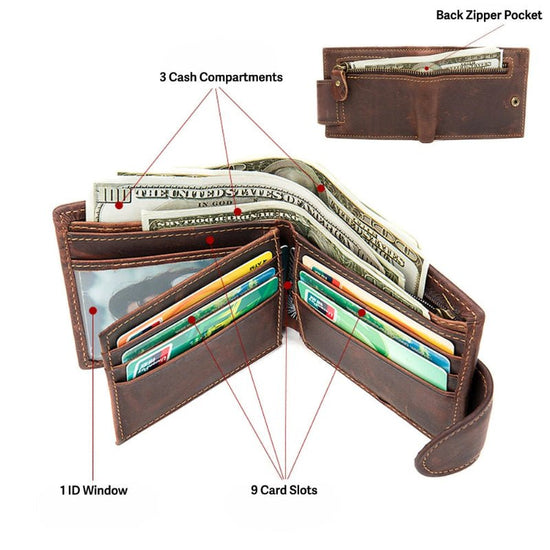 Vintage Crazy Horse Leather Bifold Wallet - DOROCHEY